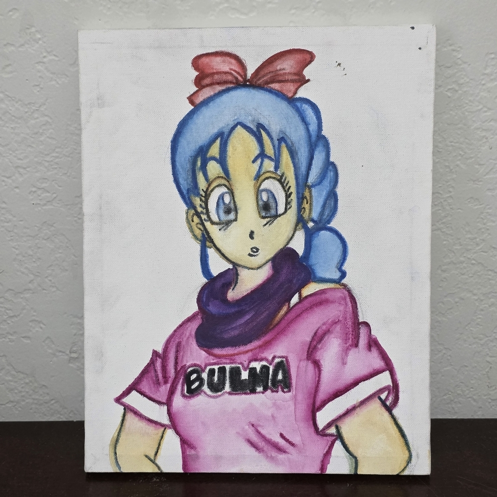 Bulma Original Hand-Painted Fan Art on Canvas | Dragon Ball-Inspired Mixed Media